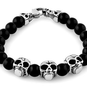 Stainless Steel Triple Skull Black Agate Bracelet